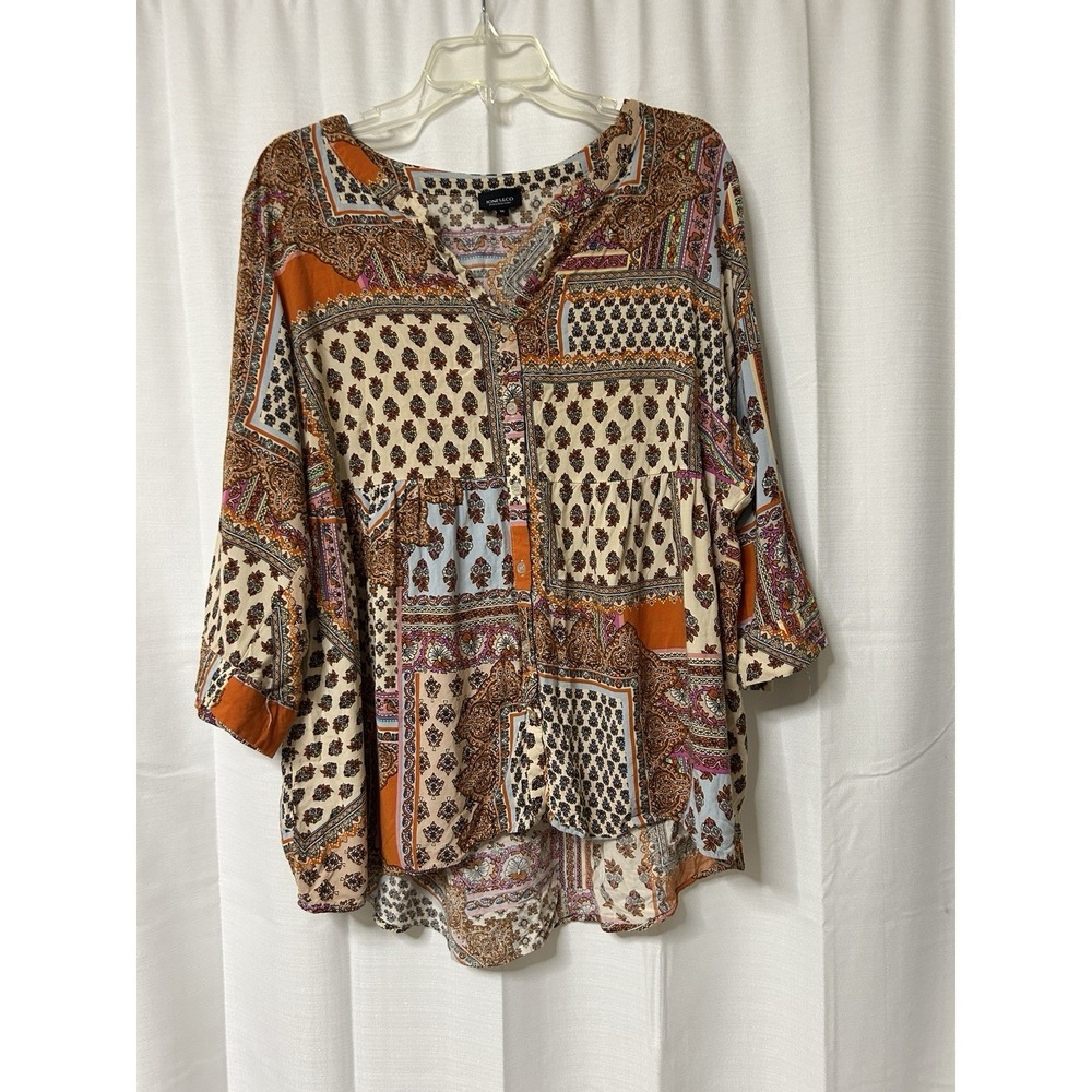Jones & Co New York Floral Patchwork Peasant Boho Blouse Size 1X
